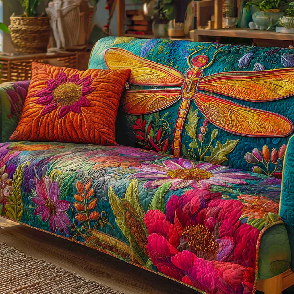 Quilted Sofa Cover with Dragonflies and Flowers