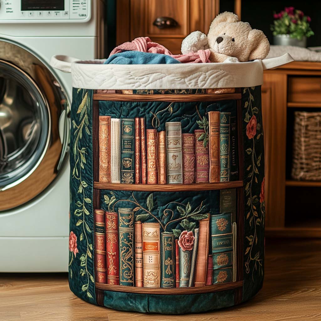 Quilted Laundry Basket with Literary Pattern