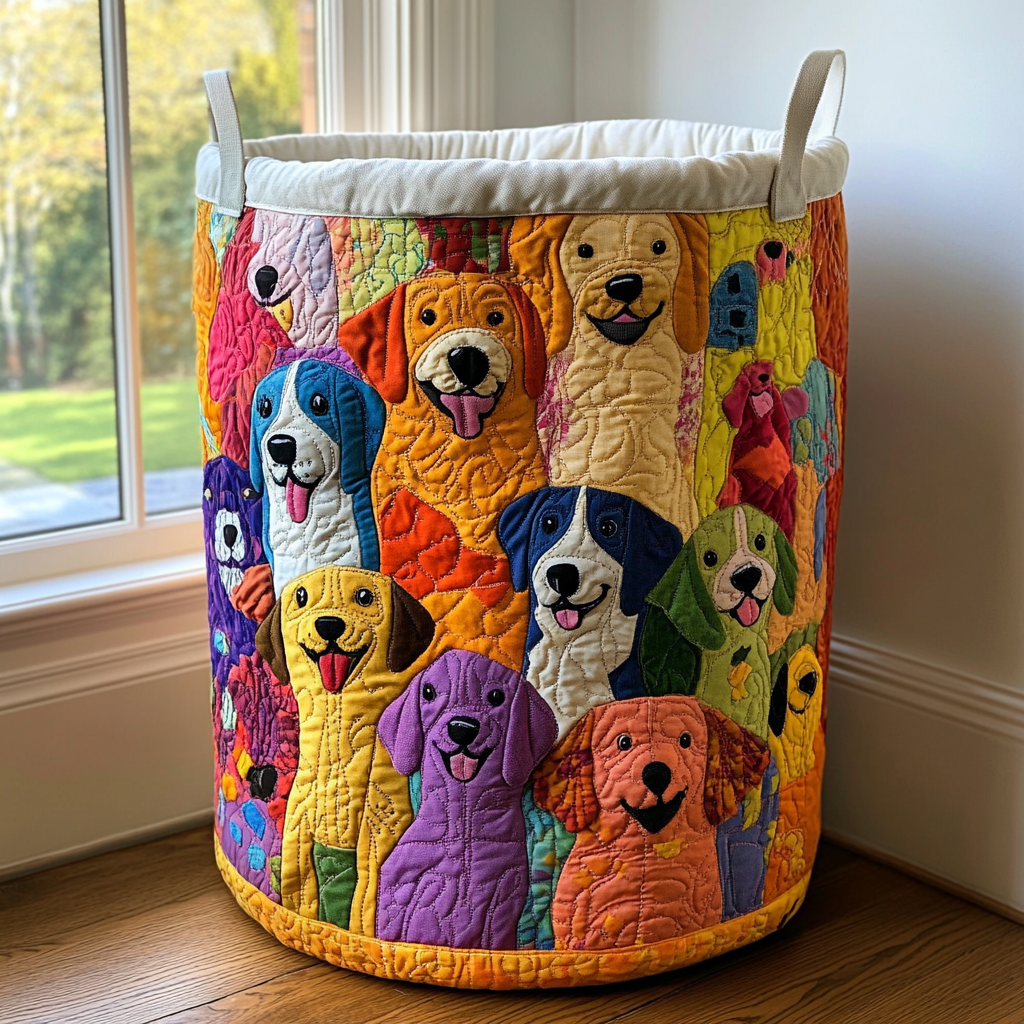 Quilted Laundry Basket with Happy Puppies