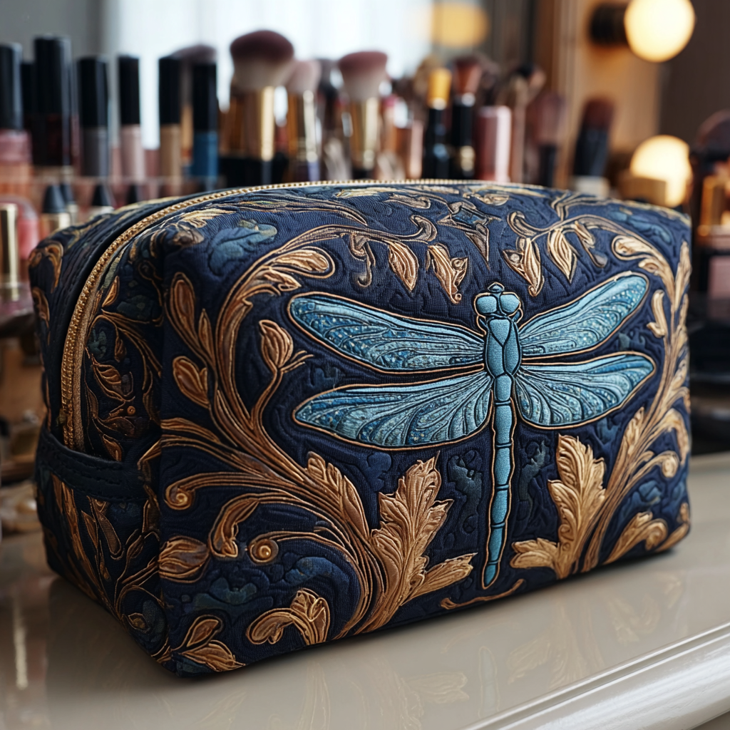 Quilted Makeup Bag with Glowing Dragonfly