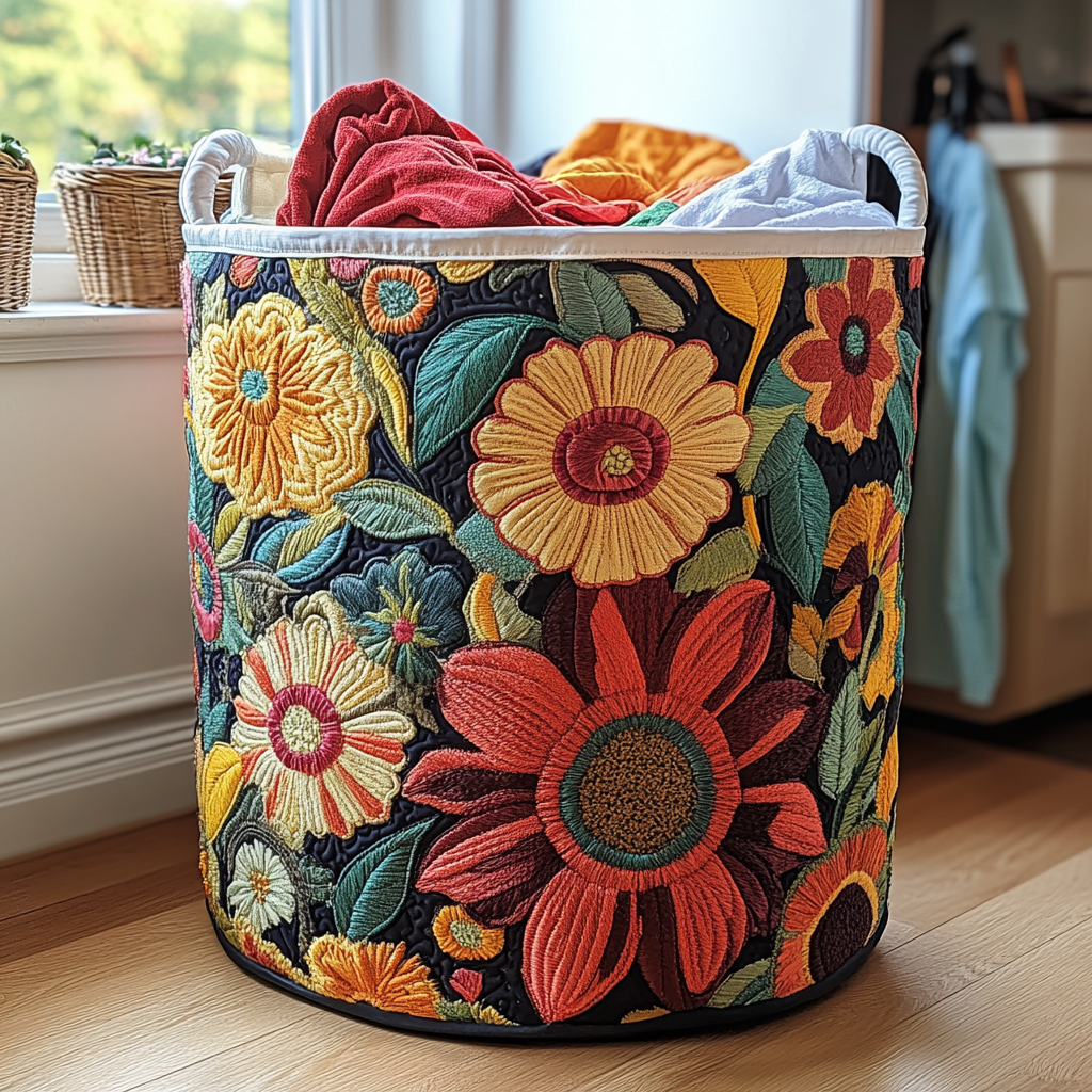 Quilted Laundry Basket with Floral Pattern