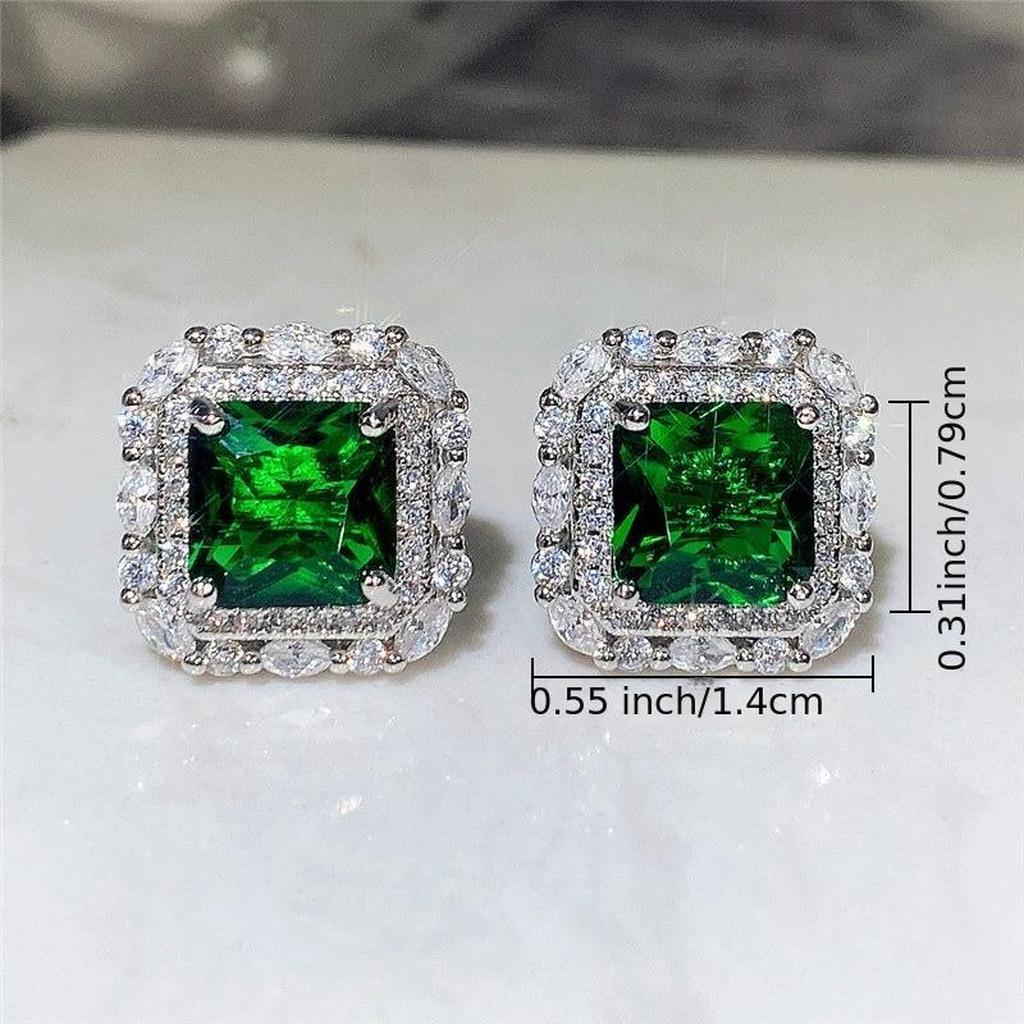 Earrings with Emerald Green Stone and Zirconia