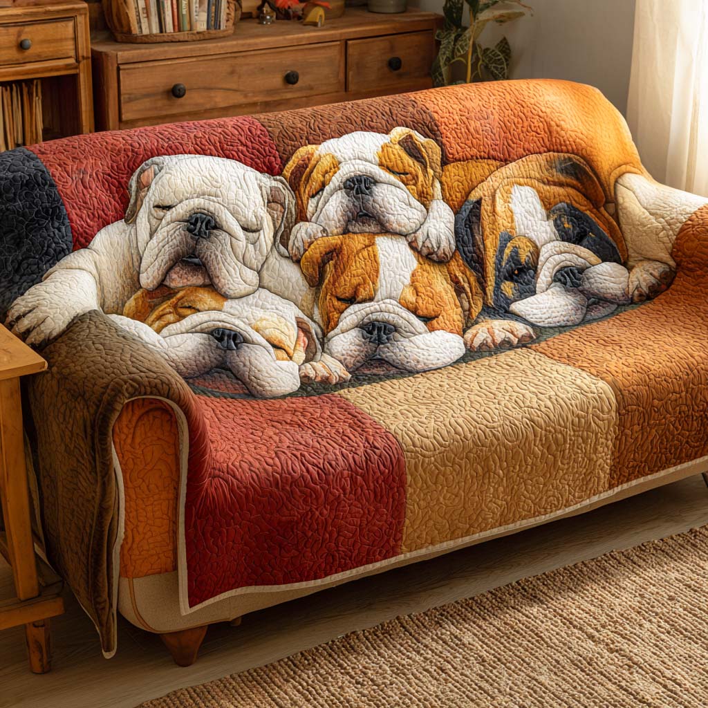 Quilted Sofa Cover with Resting Bulldog