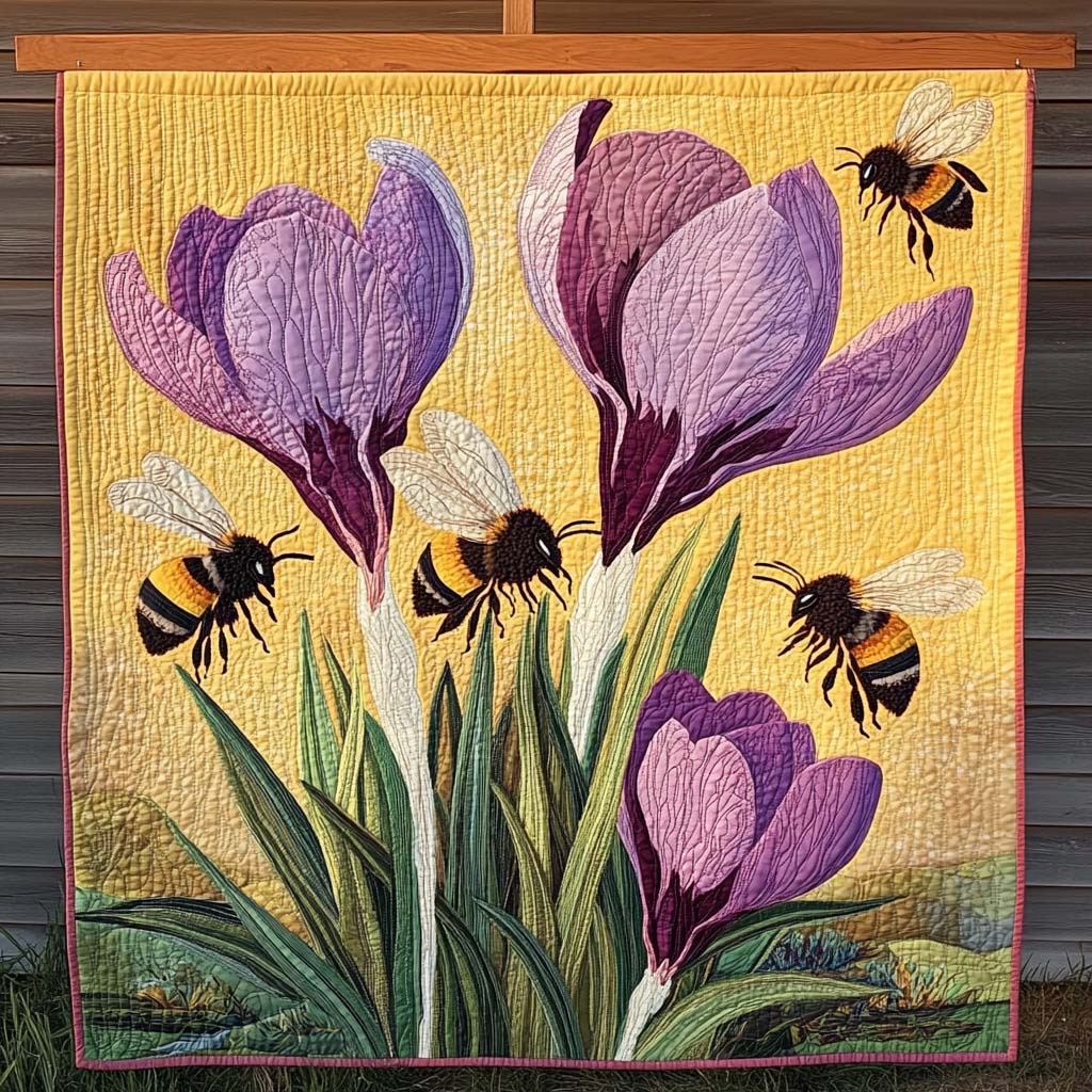 Art Wall Hanging with Bumblebees and Crocuses