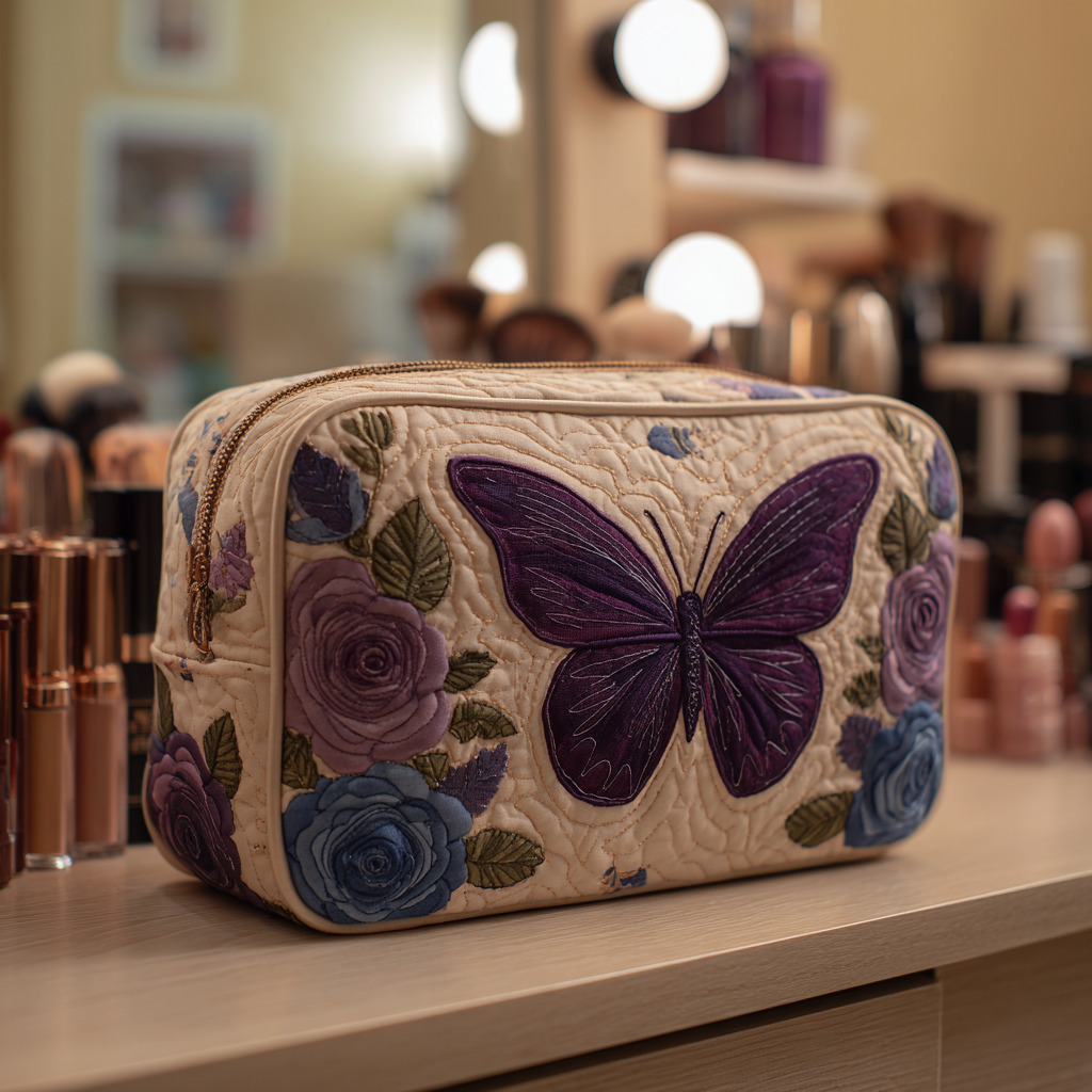 Quilted Makeup Bag with Butterfly