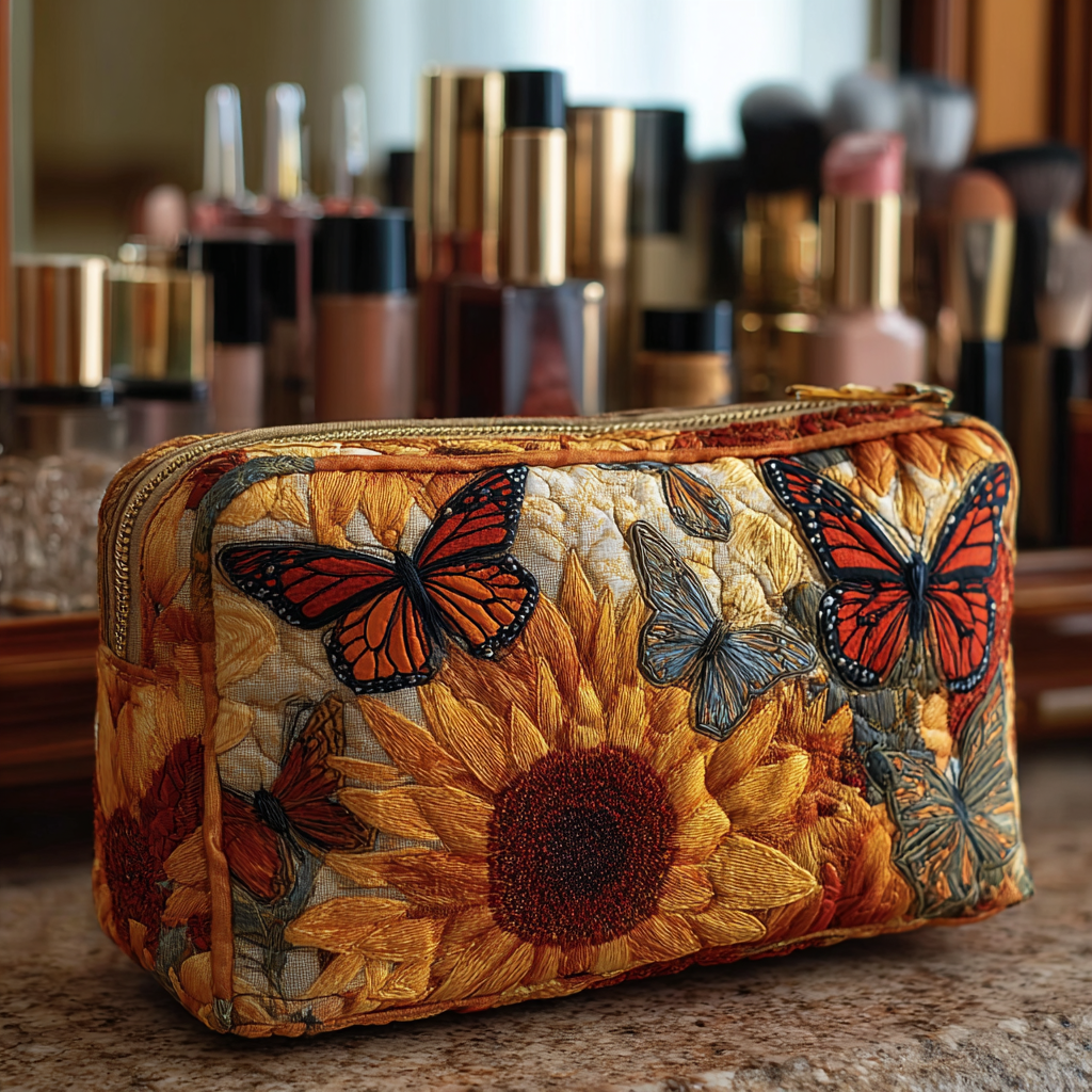 Quilted Makeup Bag with Blue Pattern