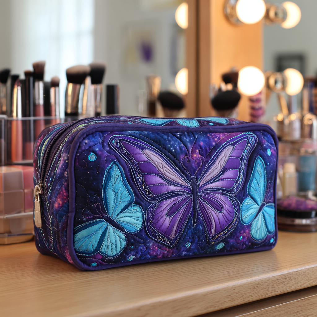 Quilted Makeup Bag with Butterflies in the Meadow