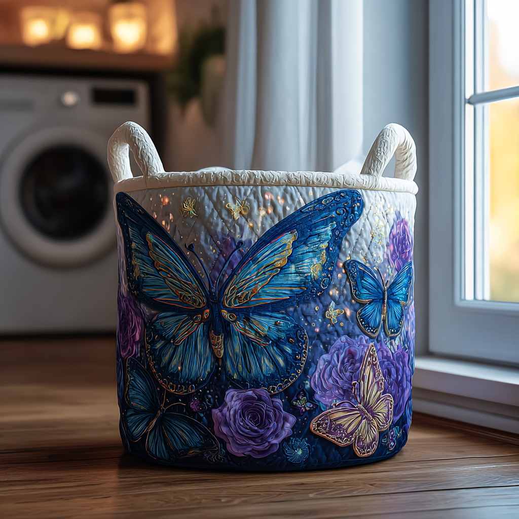 Quilted Laundry Basket with Butterflies and Flowers