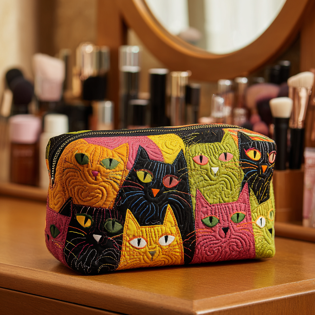 Quilted Makeup Bag with Cat in the Garden