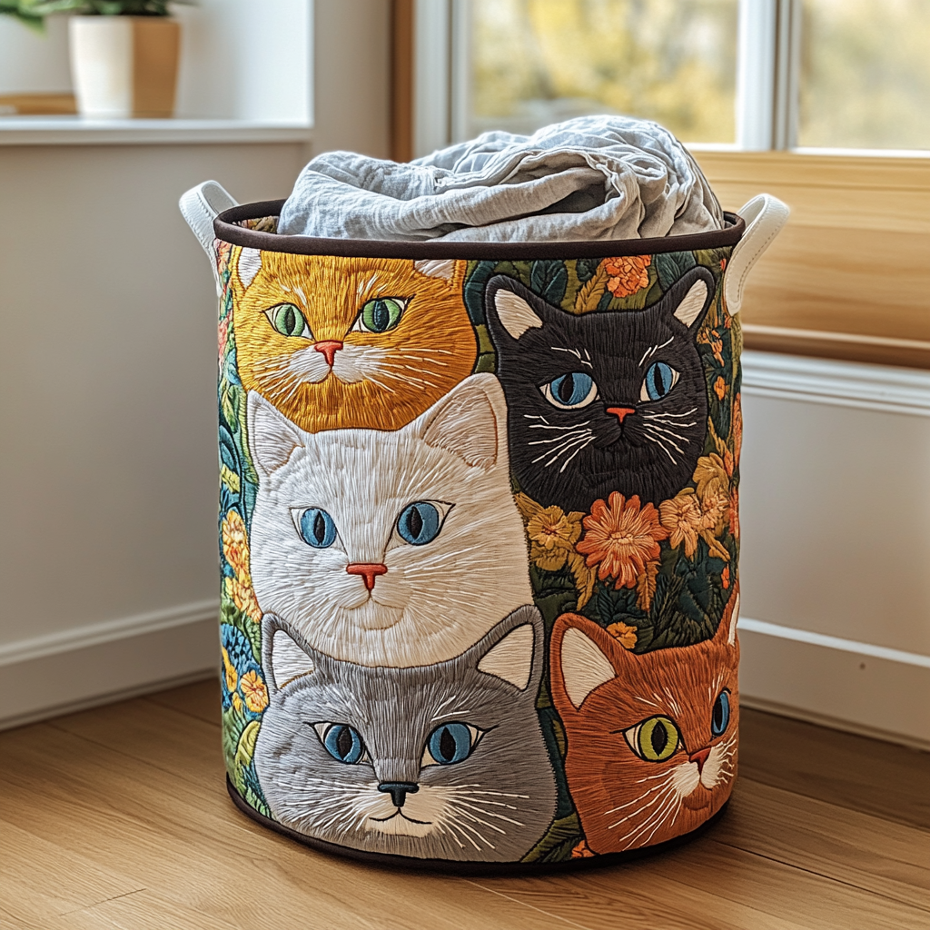 Quilted Laundry Basket with Cats and Flowers