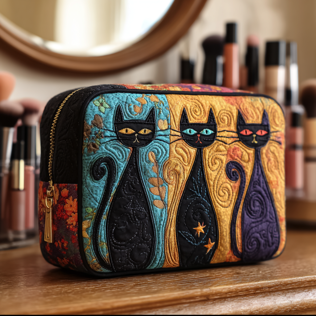 Quilted Makeup Bag with Curious Cat