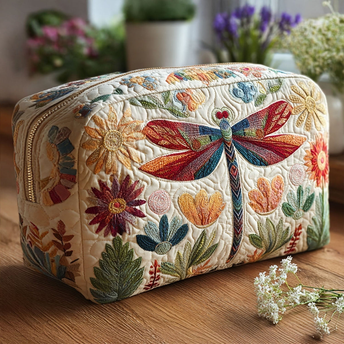 Quilted Makeup Bag with Light Blue Dragonfly
