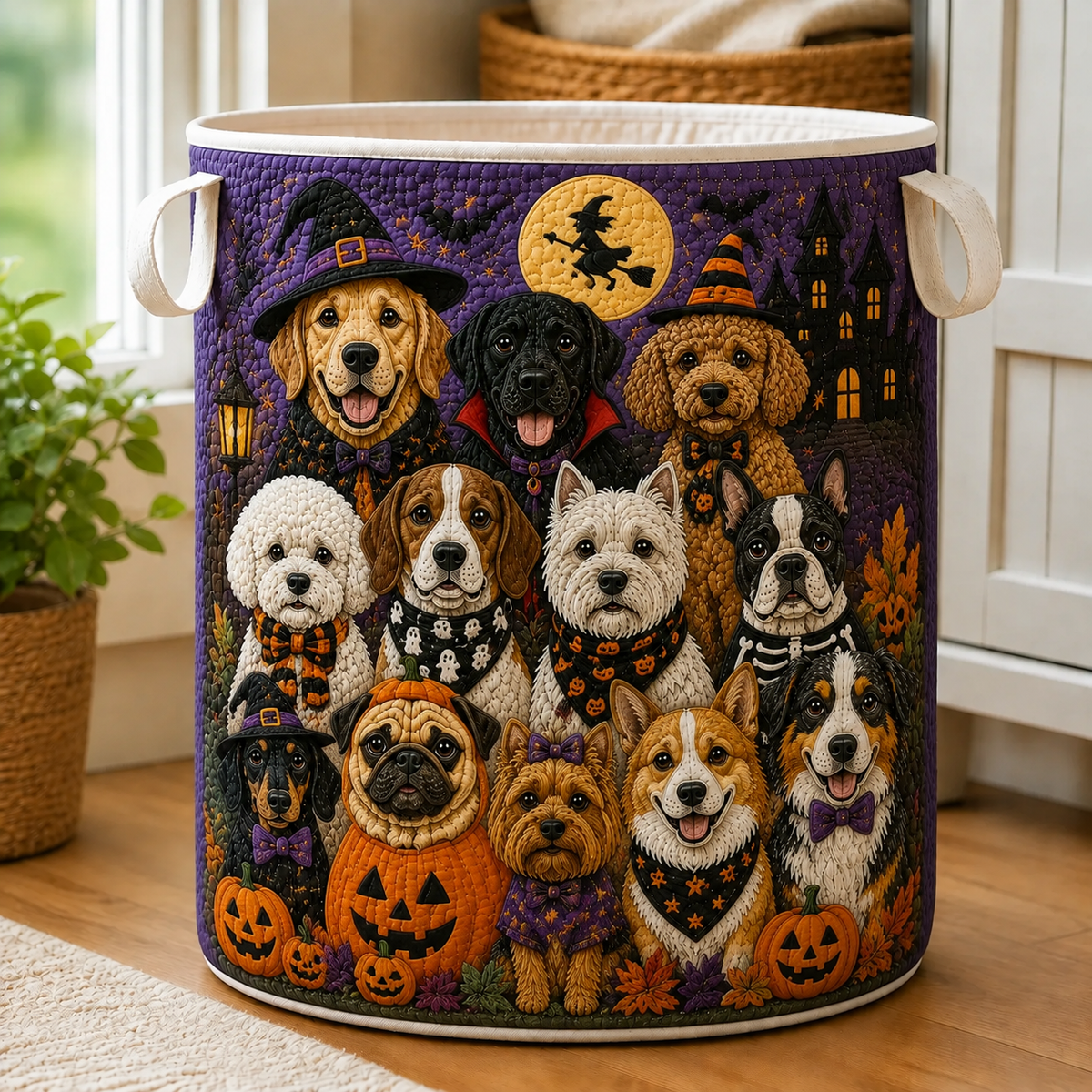 Quilted Laundry Basket – Dogs in Halloween Costumes