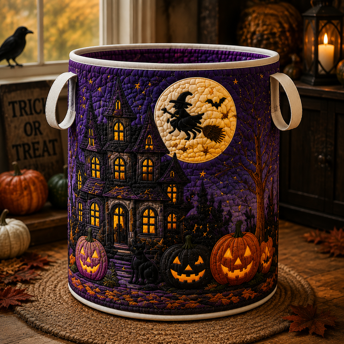 Quilted Laundry Basket – Witch at the Haunted House