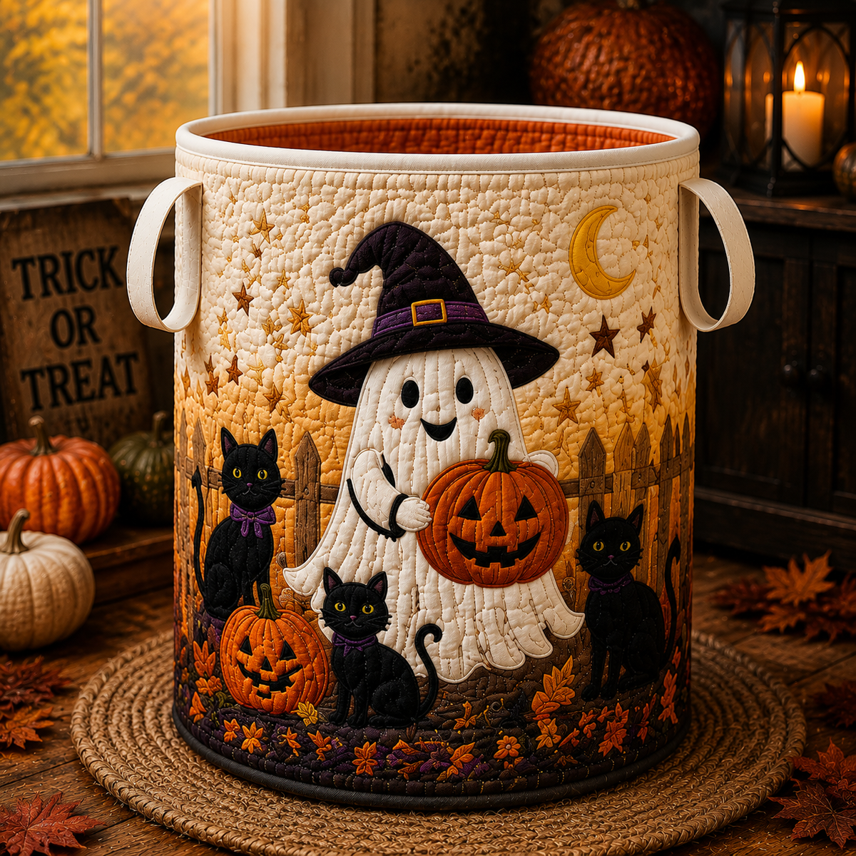 Quilted Laundry Basket – Witch, Ghost and Black Cat