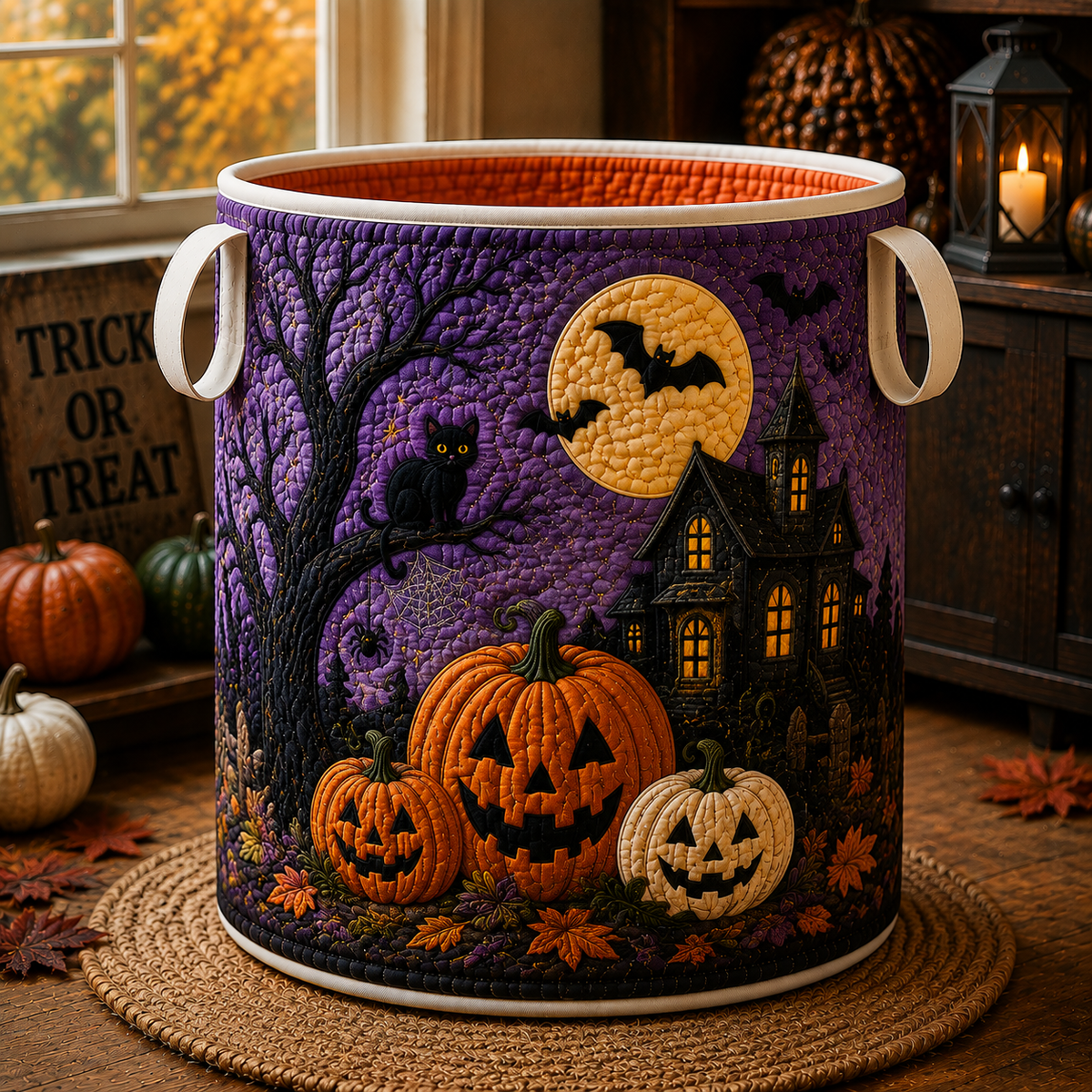 Quilted Laundry Basket – Black Cat on a Haunted Night