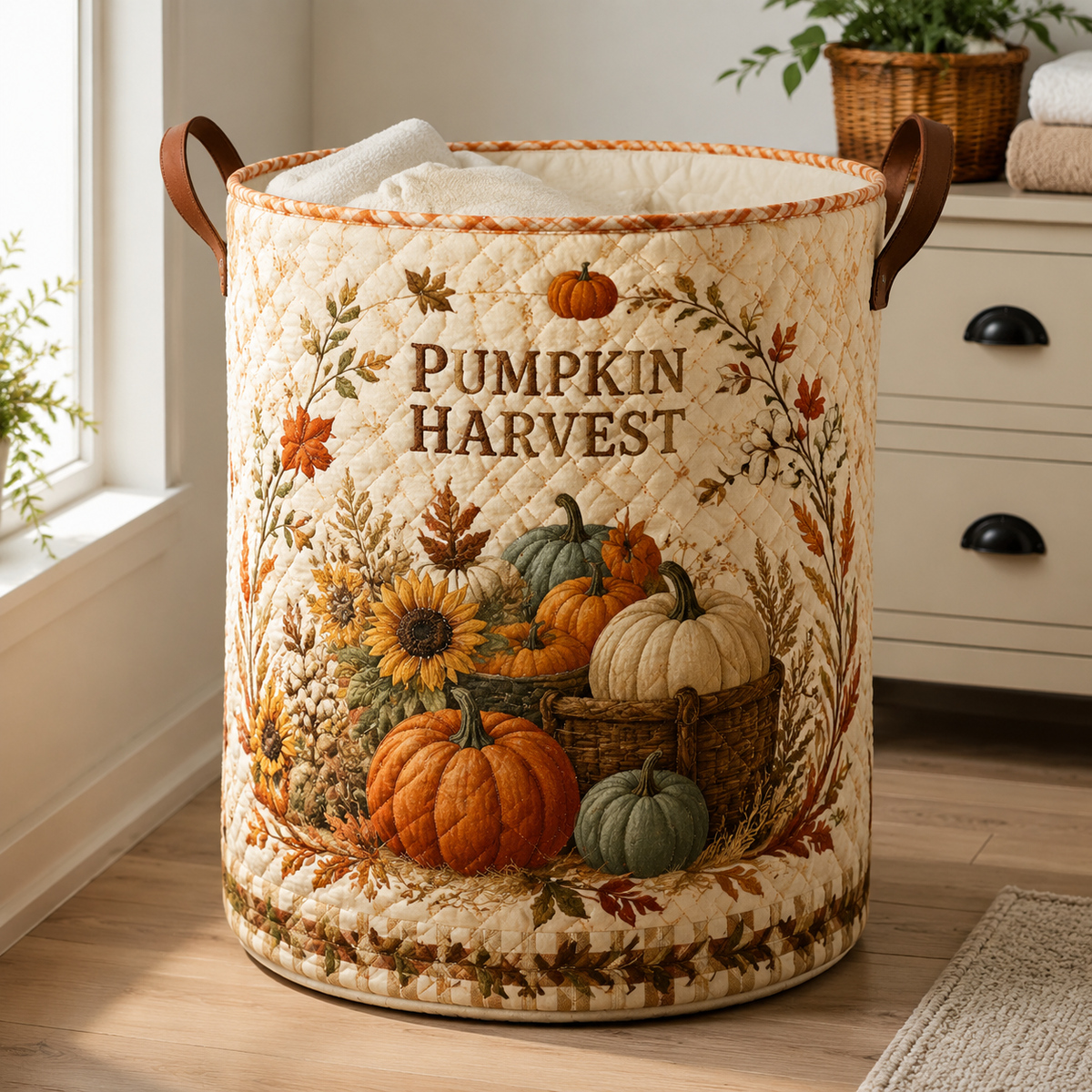 Quilted Laundry Basket – Autumn Pumpkin Harvest