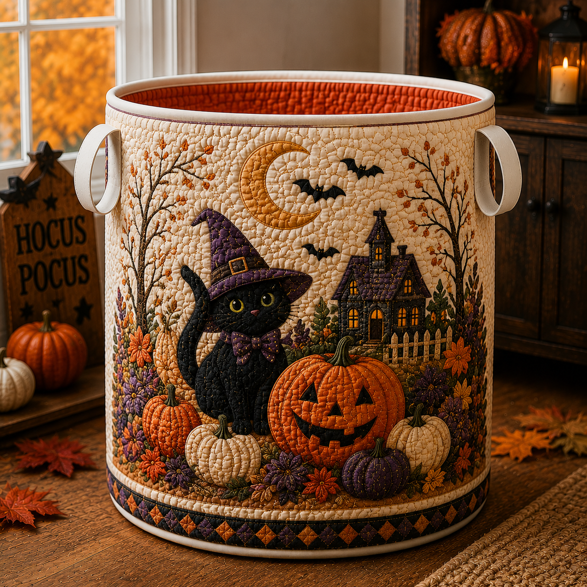 Quilted Laundry Basket – Black Witch Cat