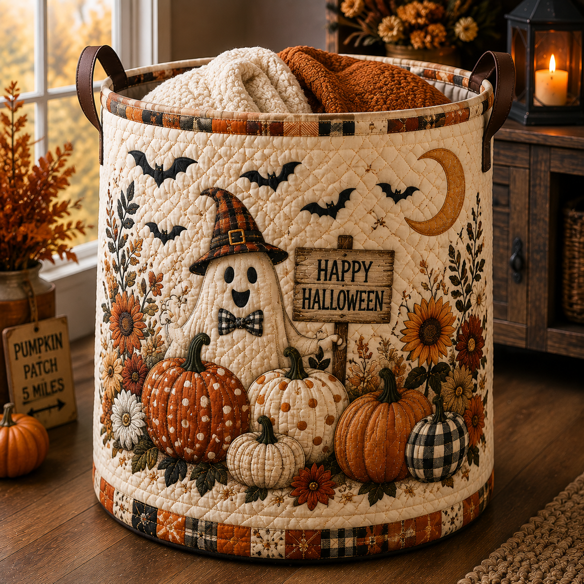 Quilted Laundry Basket – Ghosts in the Pumpkin Patch