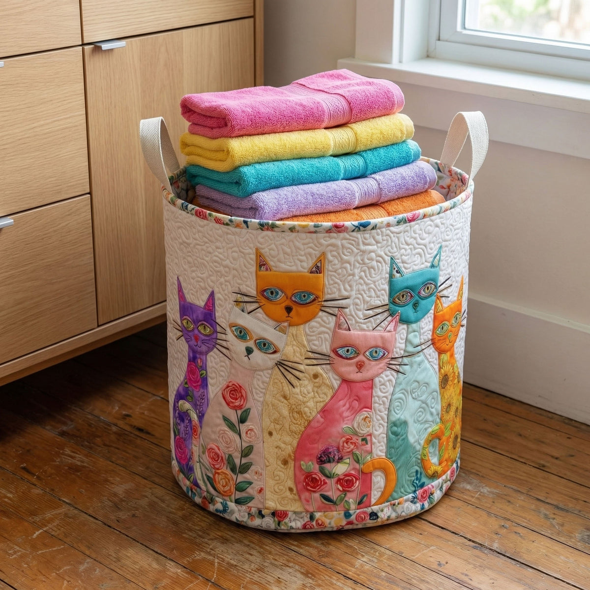 Quilted Laundry Basket with Cheerful Cat