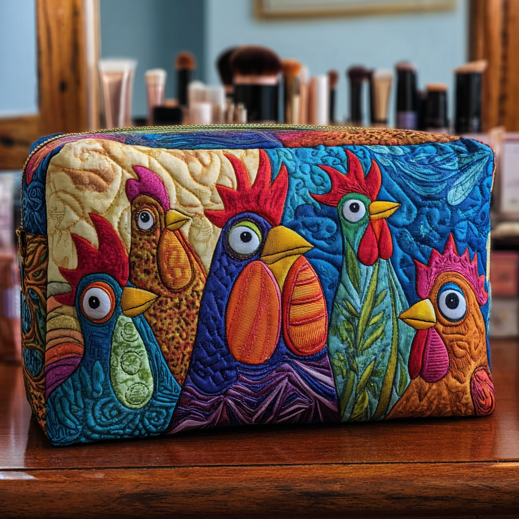 Quilted Makeup Bag with Hen and Flowers