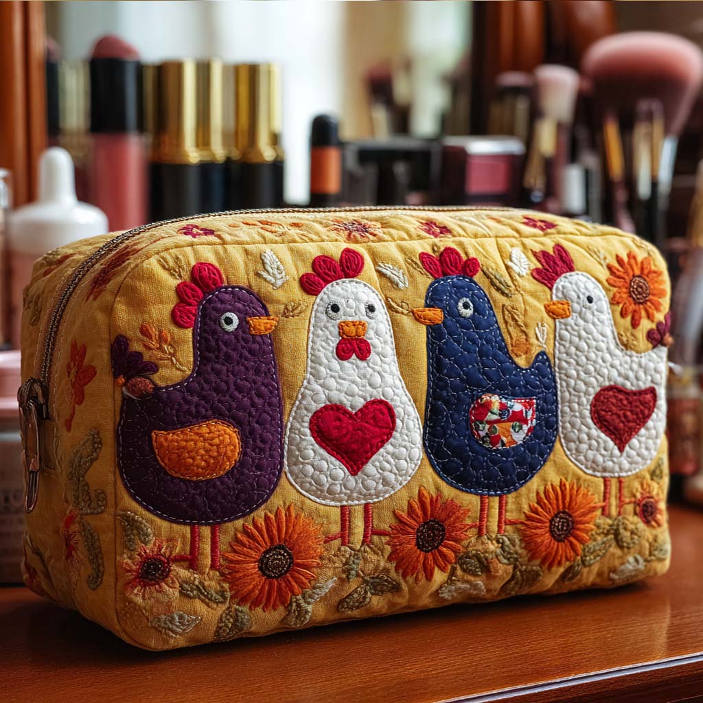 Quilted Makeup Bag with Chicken Feathers