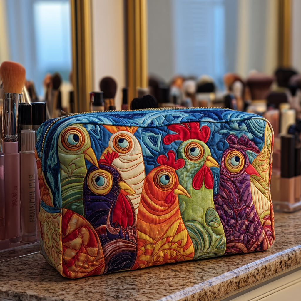 Quilted Makeup Bag with Chickens in the Garden