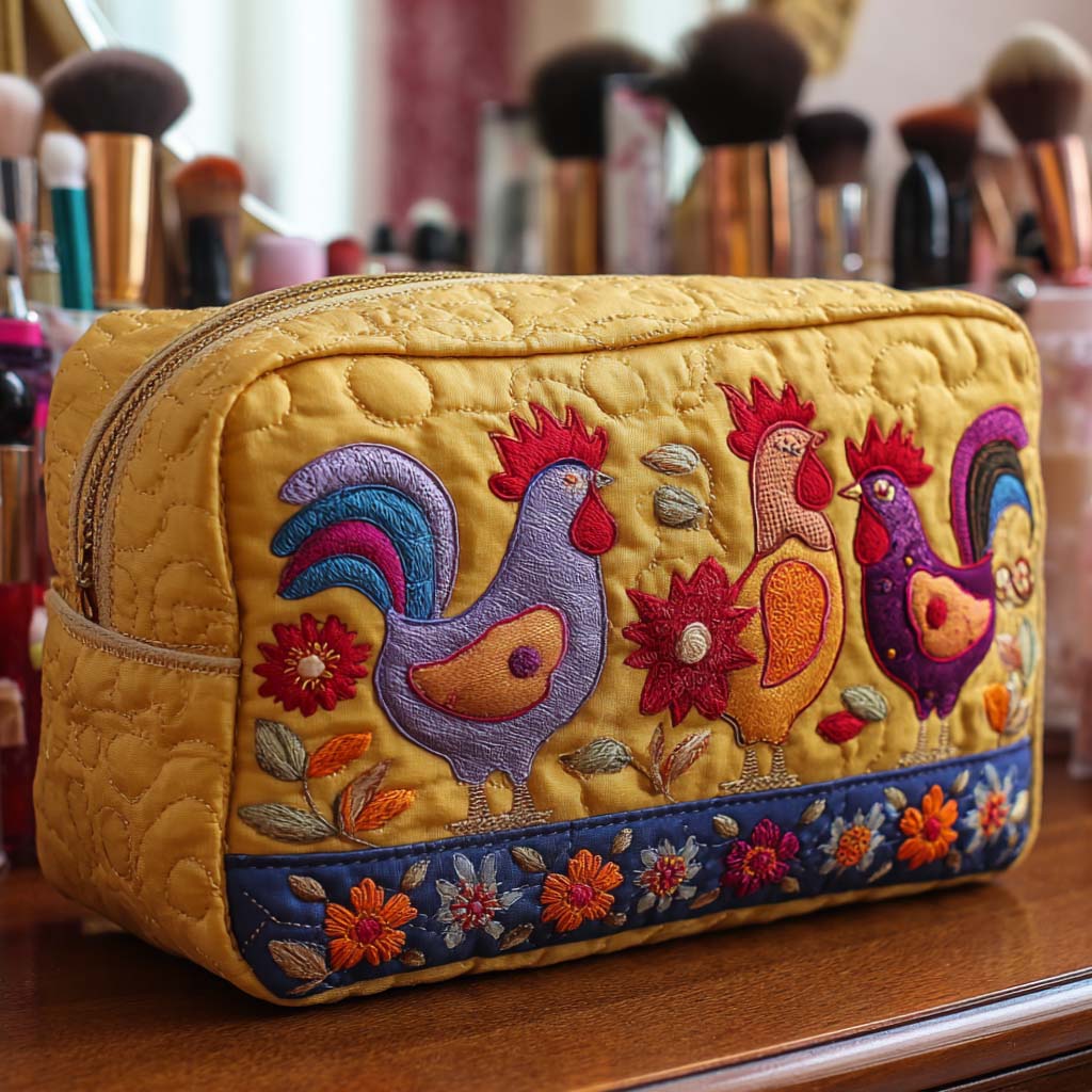 Quilted Makeup Bag with Chickens in the Garden