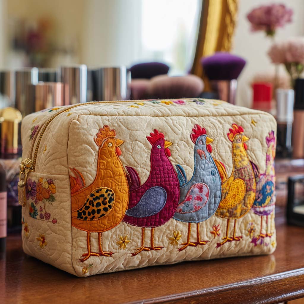 Quilted Makeup Bag with Happy Hen