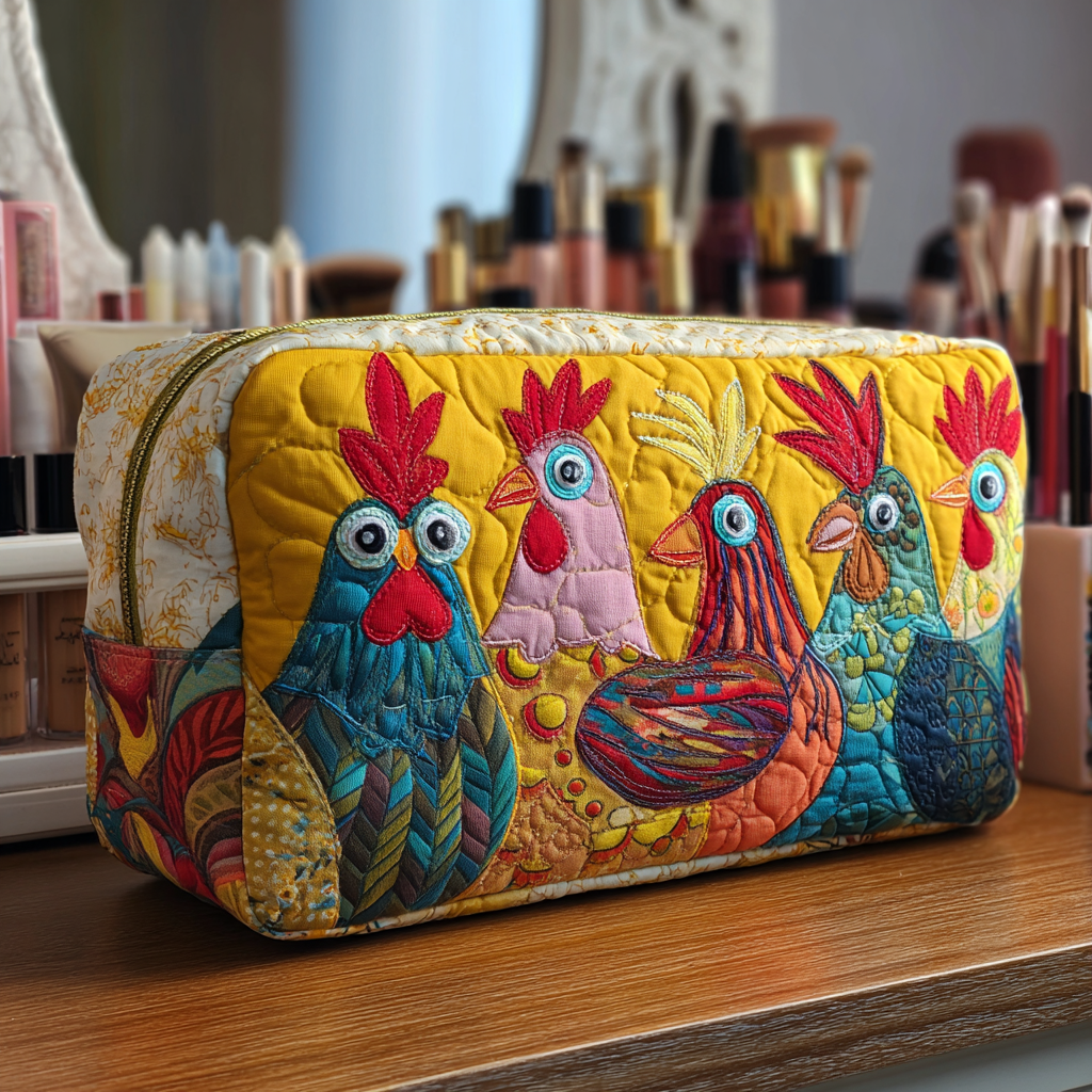 Quilted Makeup Bag with Chickens in the Meadow