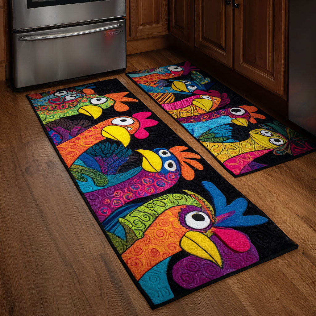 Non-Slip Kitchen Rug with Chickens and Flowers