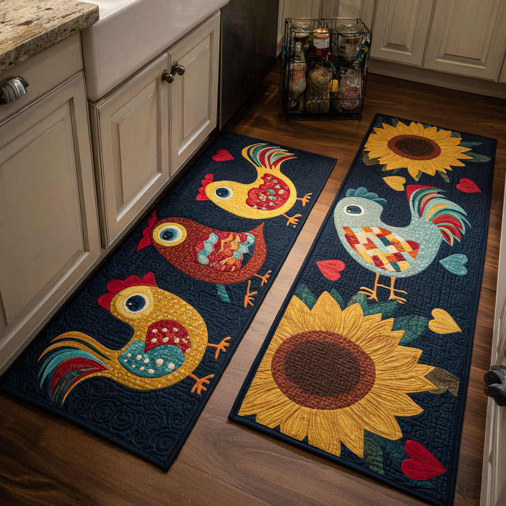 Non-Slip Kitchen Rug with Chickens in Country House Style