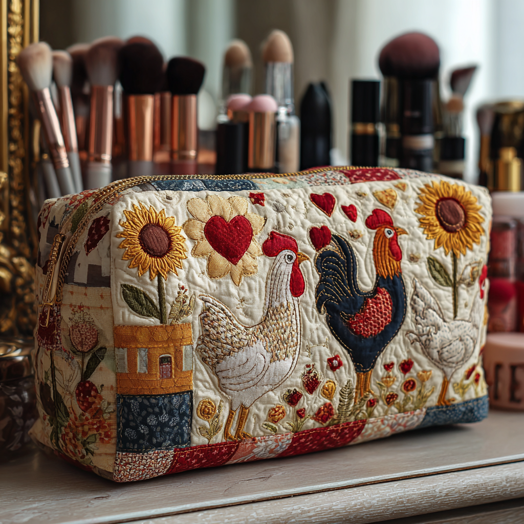 Quilted Makeup Bag with Chickens in the Valley