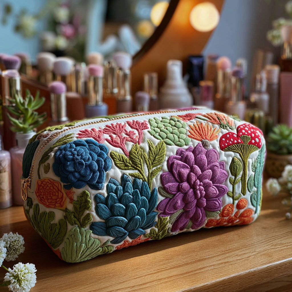Quilted Makeup Bag with Colourful Plant Motifs