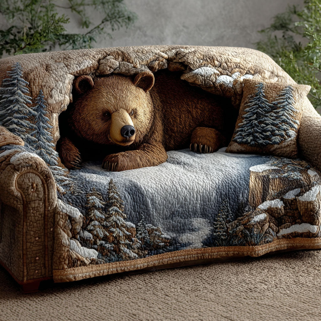 Quilted Sofa Cover with Bear and Cabin