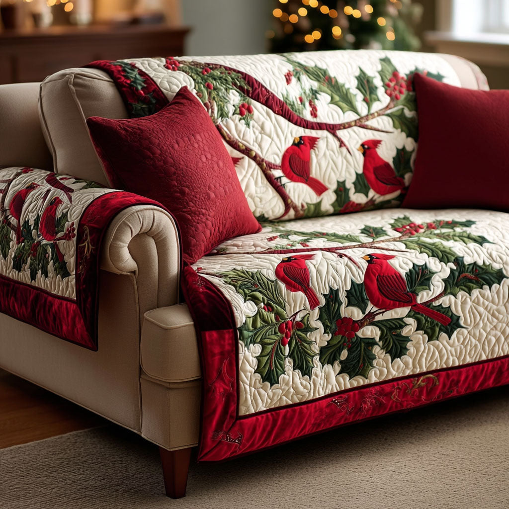 Quilted Sofa Cover with Crimson Cardinals