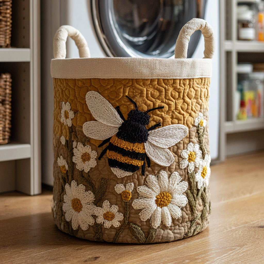 Quilted Laundry Basket with Bees and Flowers