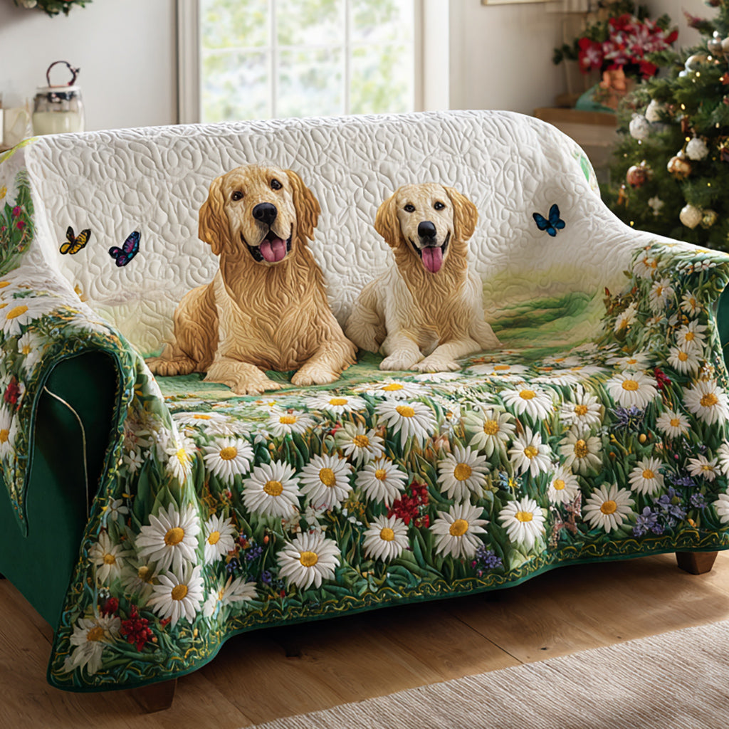 Quilted Sofa Cover with Golden Retriever and Daisies