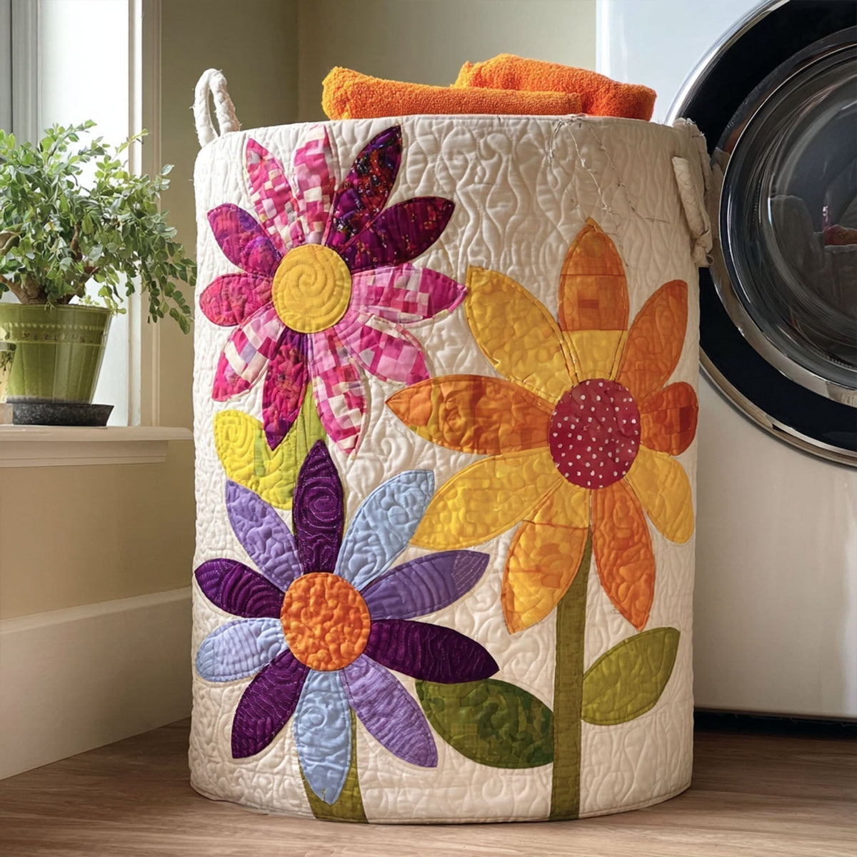 Quilted Laundry Basket with Floral Pattern