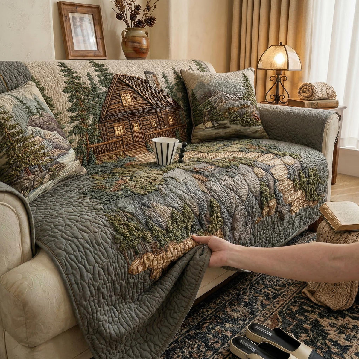 Quilted Sofa Cover with Forest Pattern