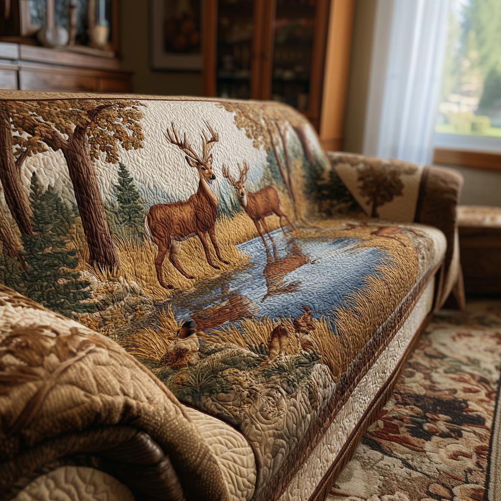 Quilted Sofa Cover with Deer in the Valley
