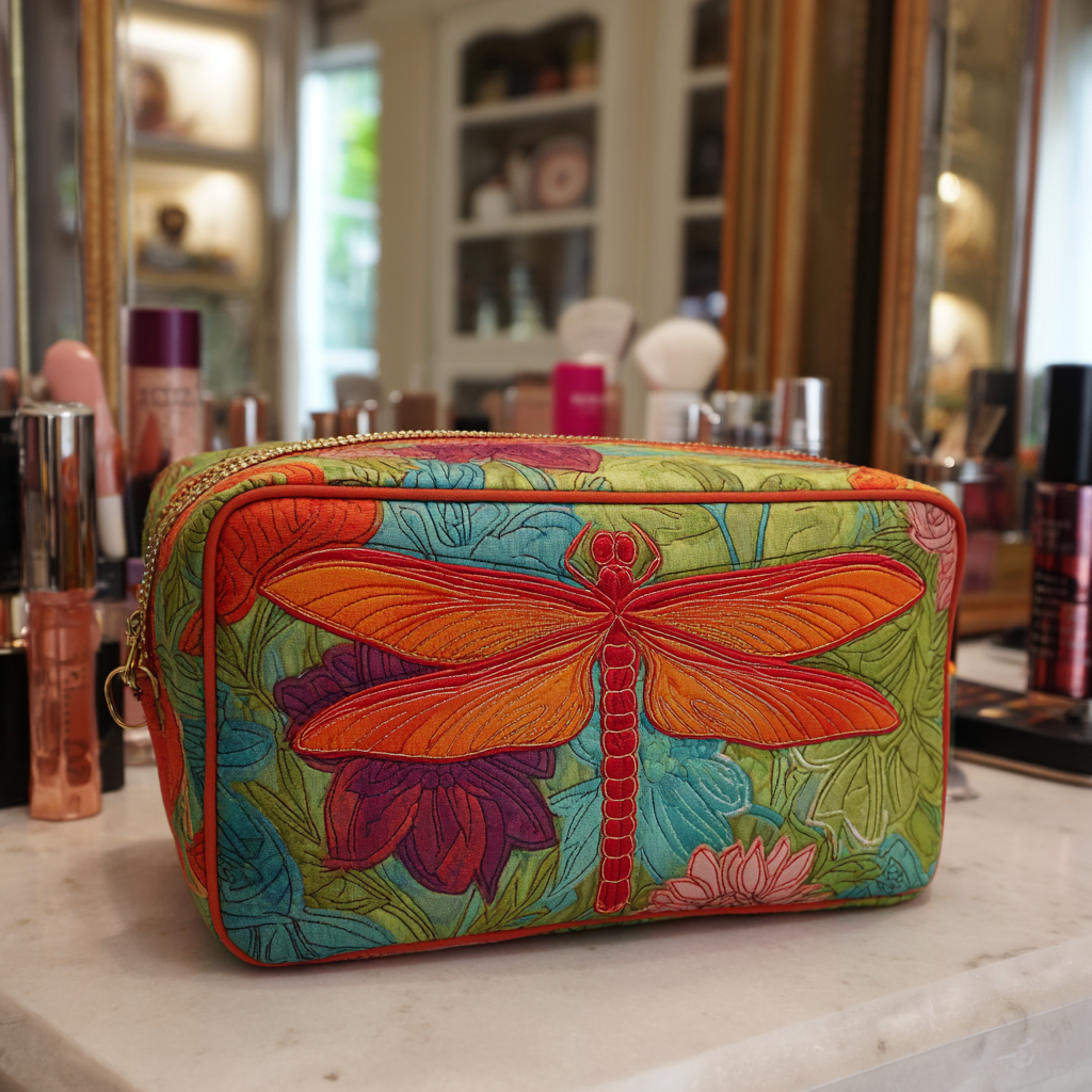 Quilted Makeup Bag with Dragonflies and Flowers