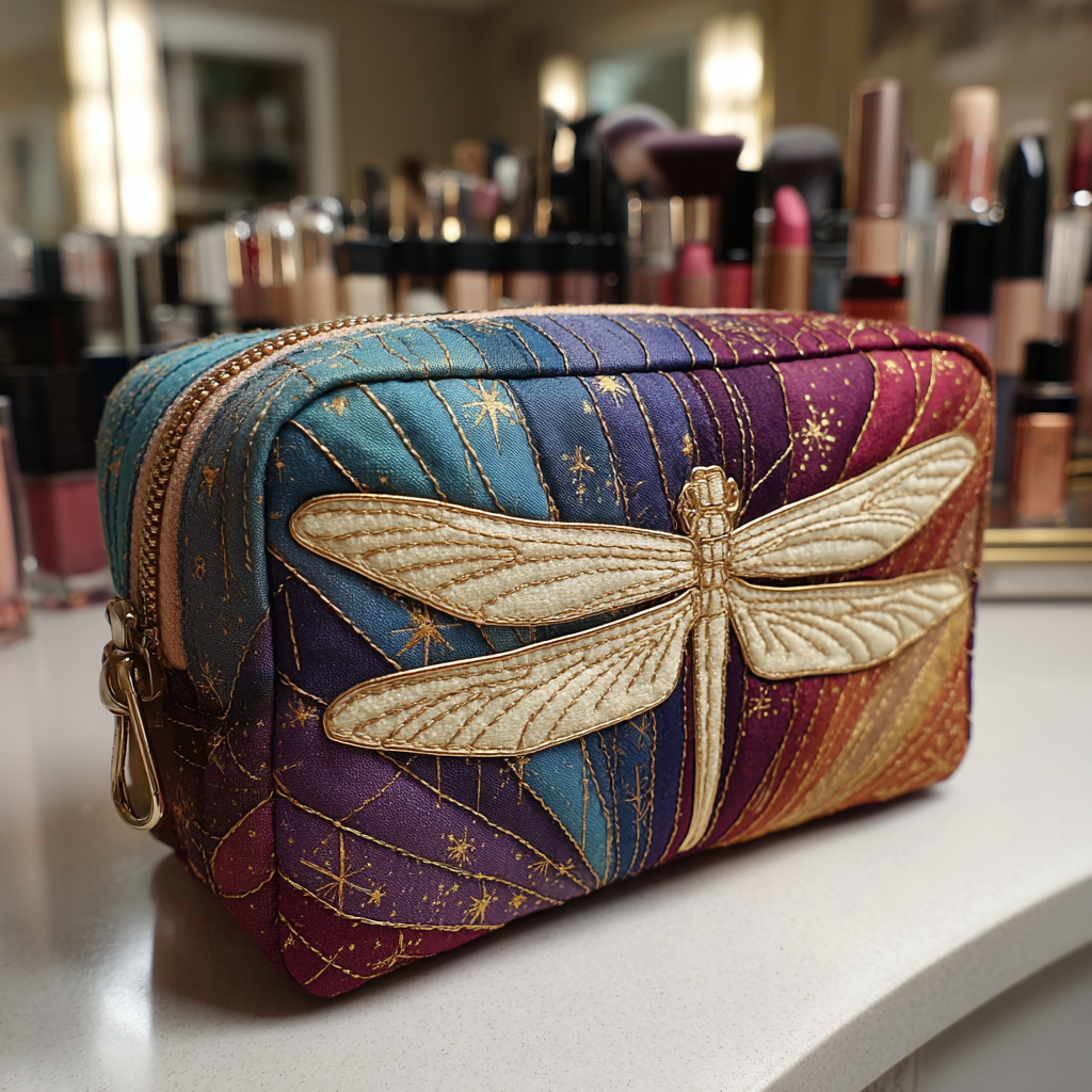 Quilted Makeup Bag with Dragonfly