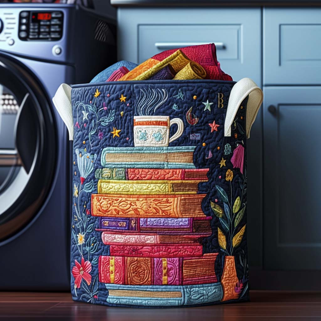Quilted Laundry Basket with Literary Pattern