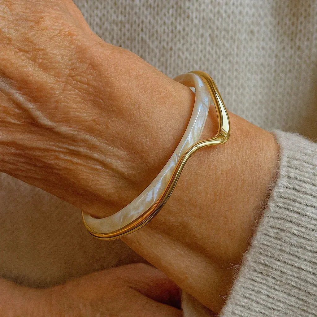 Elegant Open Bracelet with White Enamel and Gold