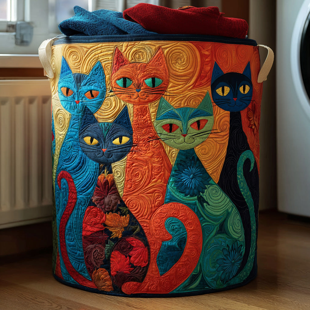 Quilted Laundry Basket with Cats