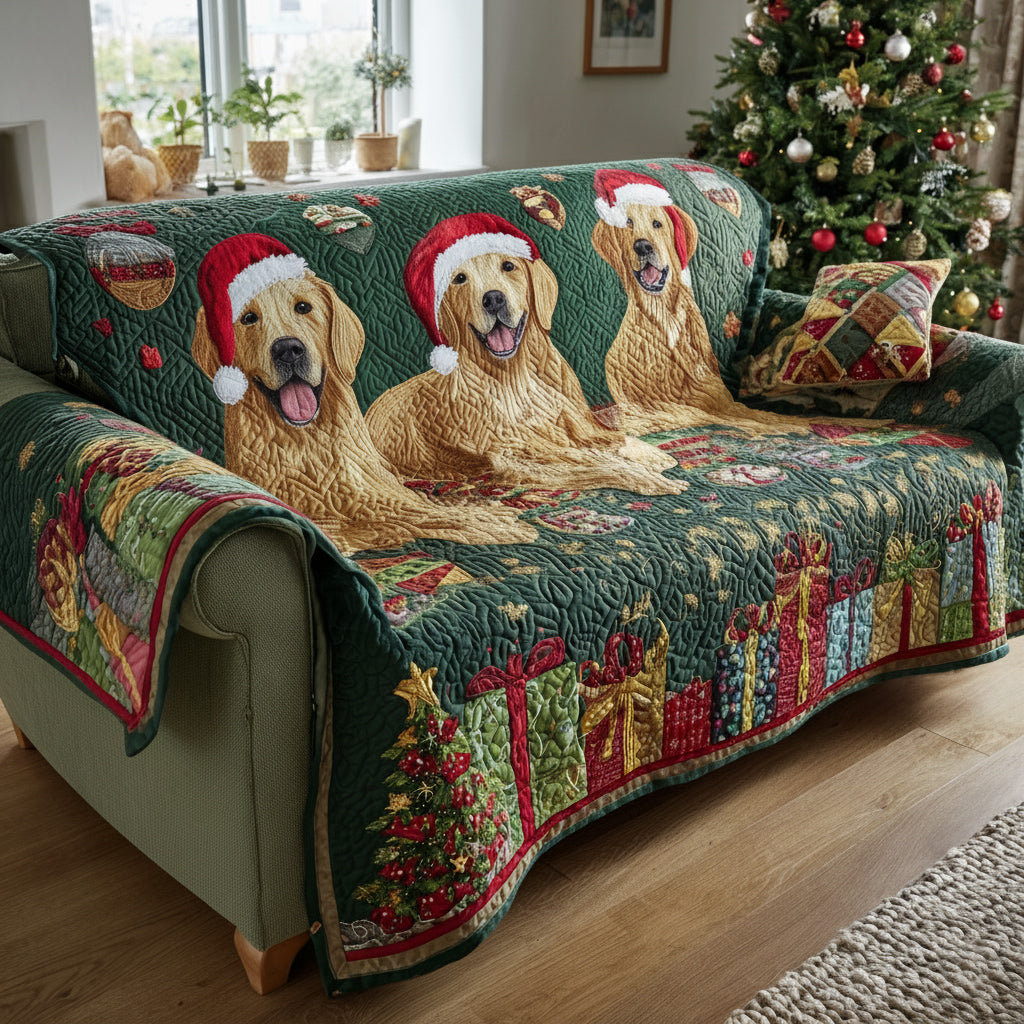 Quilted Sofa Cover with Christmas Golden Retriever