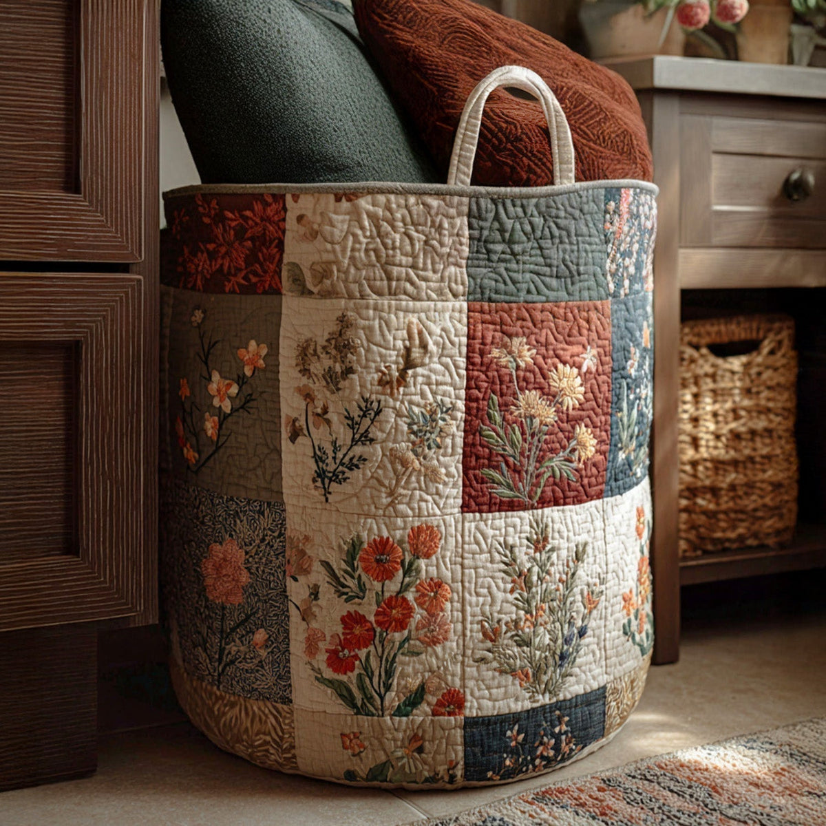Quilted Laundry Basket with Floral Pattern