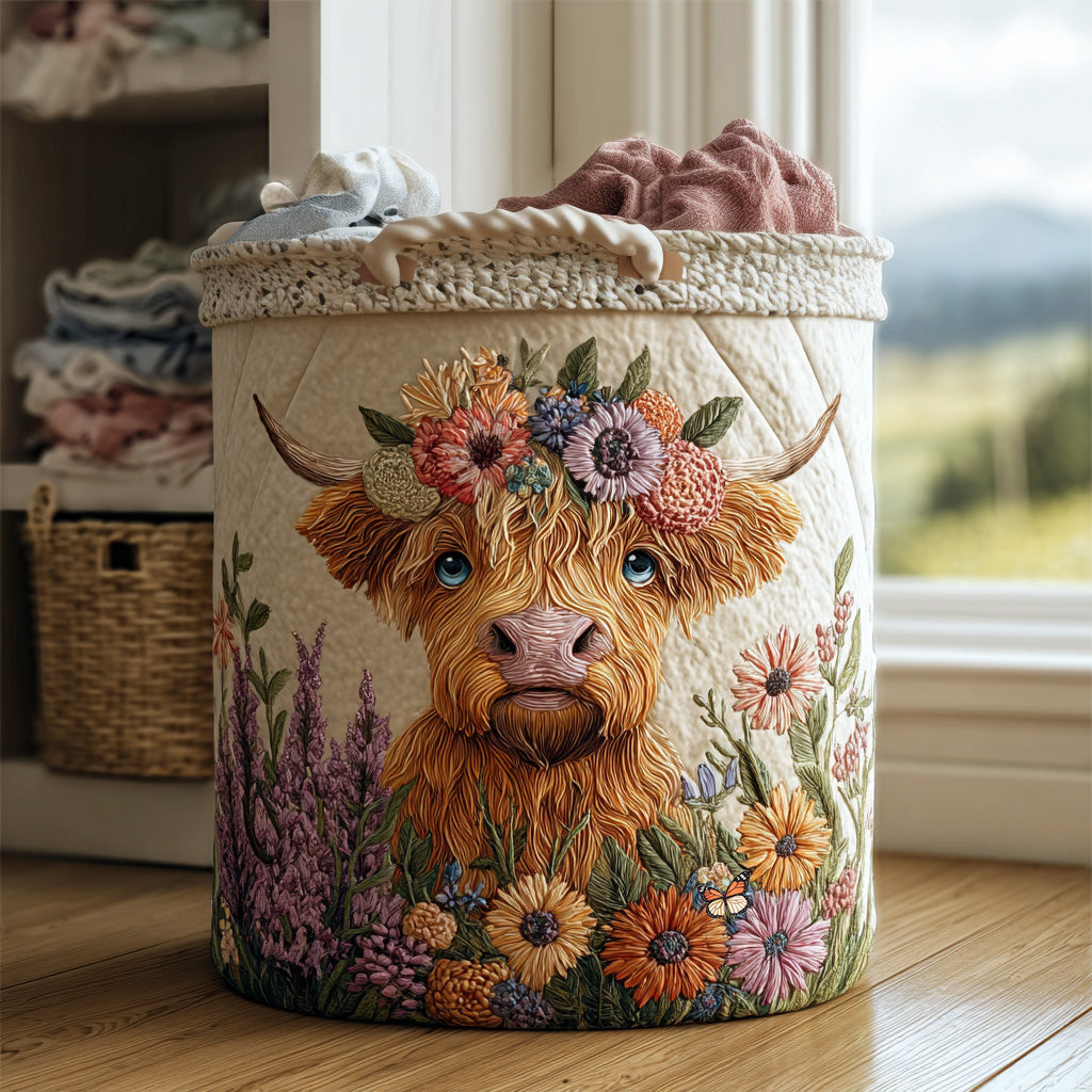 Quilted Laundry Basket with Highland Cow and Flowers
