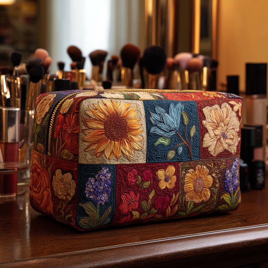 Quilted Makeup Bag with Flowers